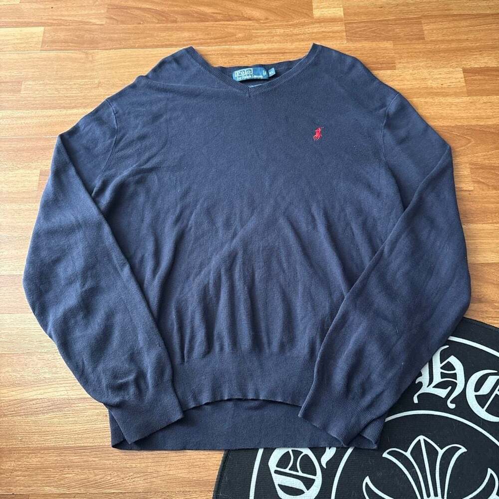 Polo Ralph Lauren Navy Blue 100% Pima Cotton V-Neck Sweater